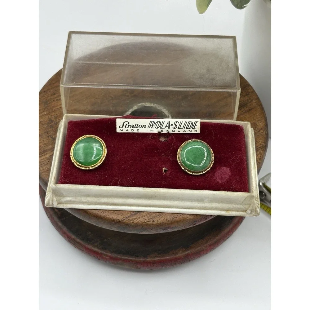 Antique Stratton Rolla Slide Cuff Links Green Faux Jade Cabachon MCM England Box